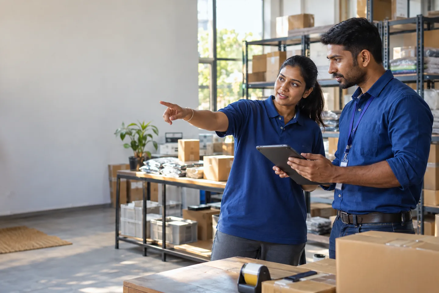 Two coordinators planning work in a fulfilment space