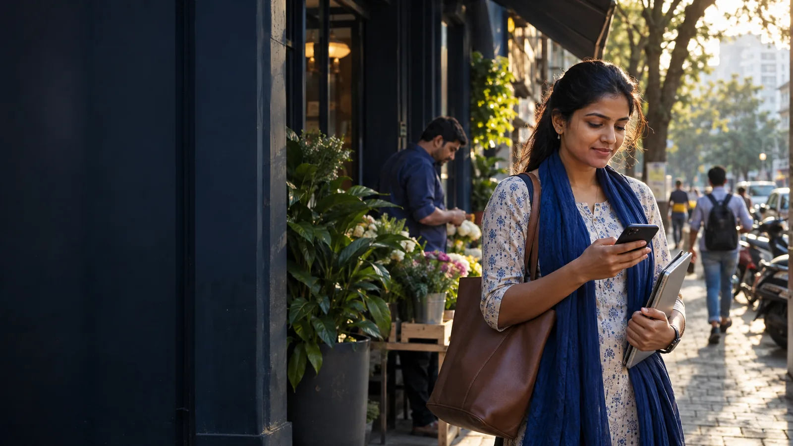 A woman on a Pune street checking a task on her phone